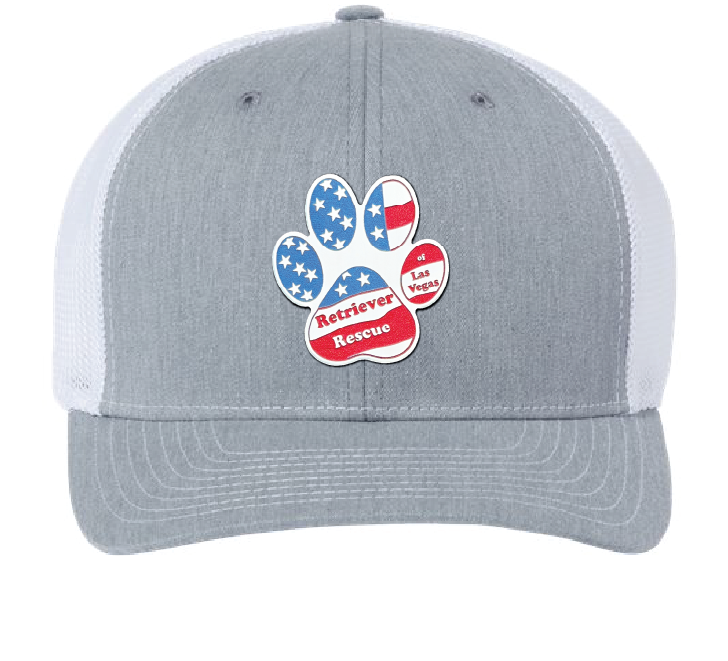 Gray and White Trucker patch hat with the Retriever Rescue of Las Vegas logo in red white and blue