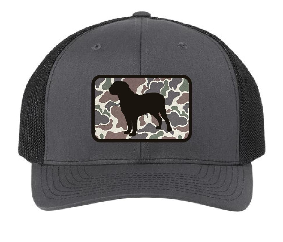 Dogue de Bordeaux Silhouette Trucker Patch Hat (Charcoal/Black Hat, Camo Patch)