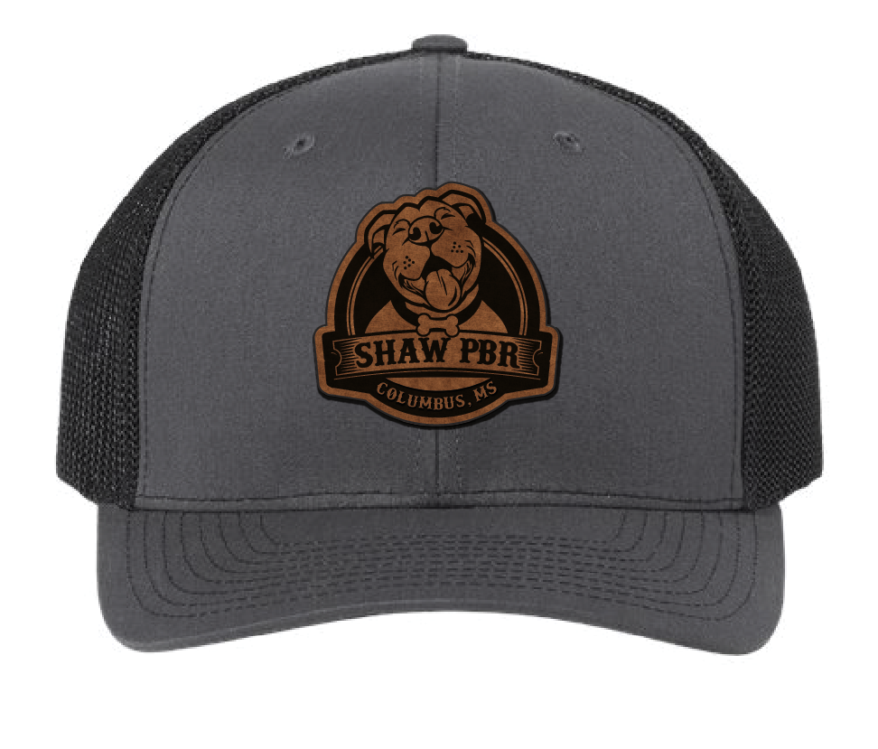 Charcoal and black Shaw Pit Bull Rescue hat. Rawhide and black patch.