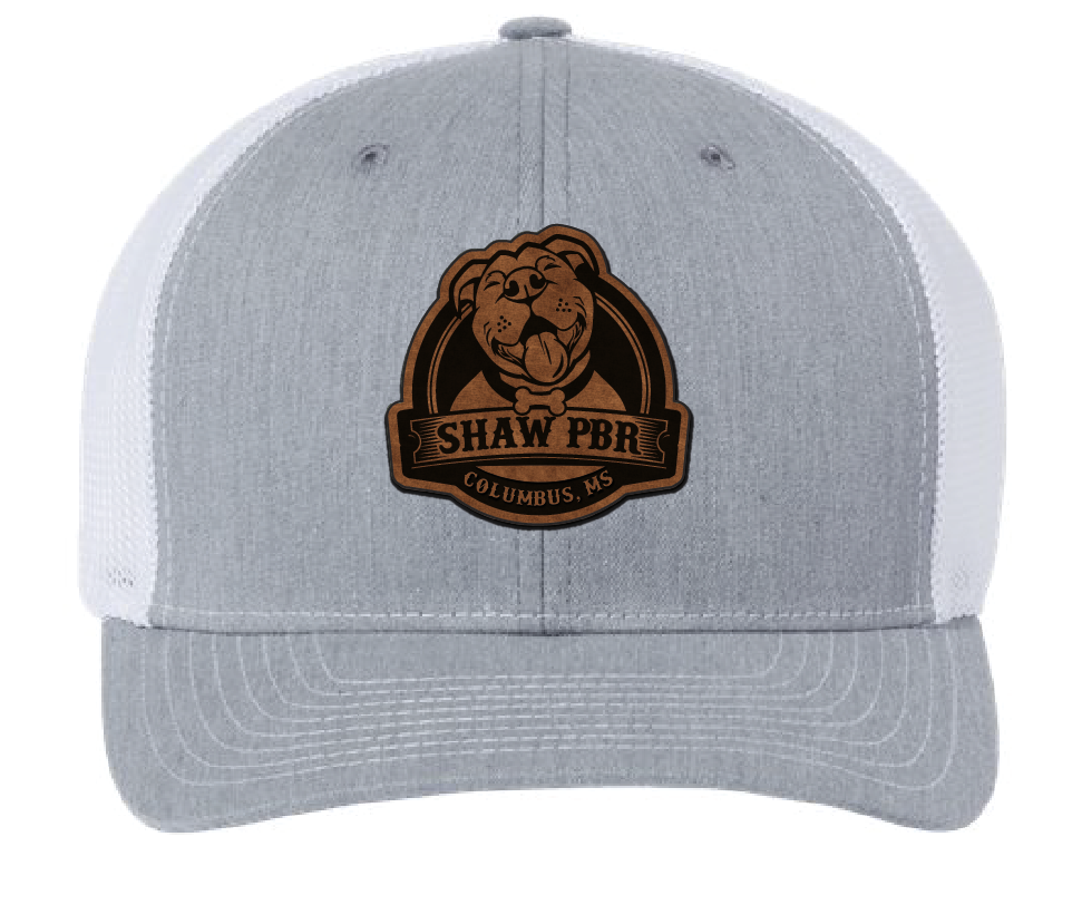 Heather gray and white Shaw Pit Bull Rescue trucker hat. Rawhide leatherette patch.