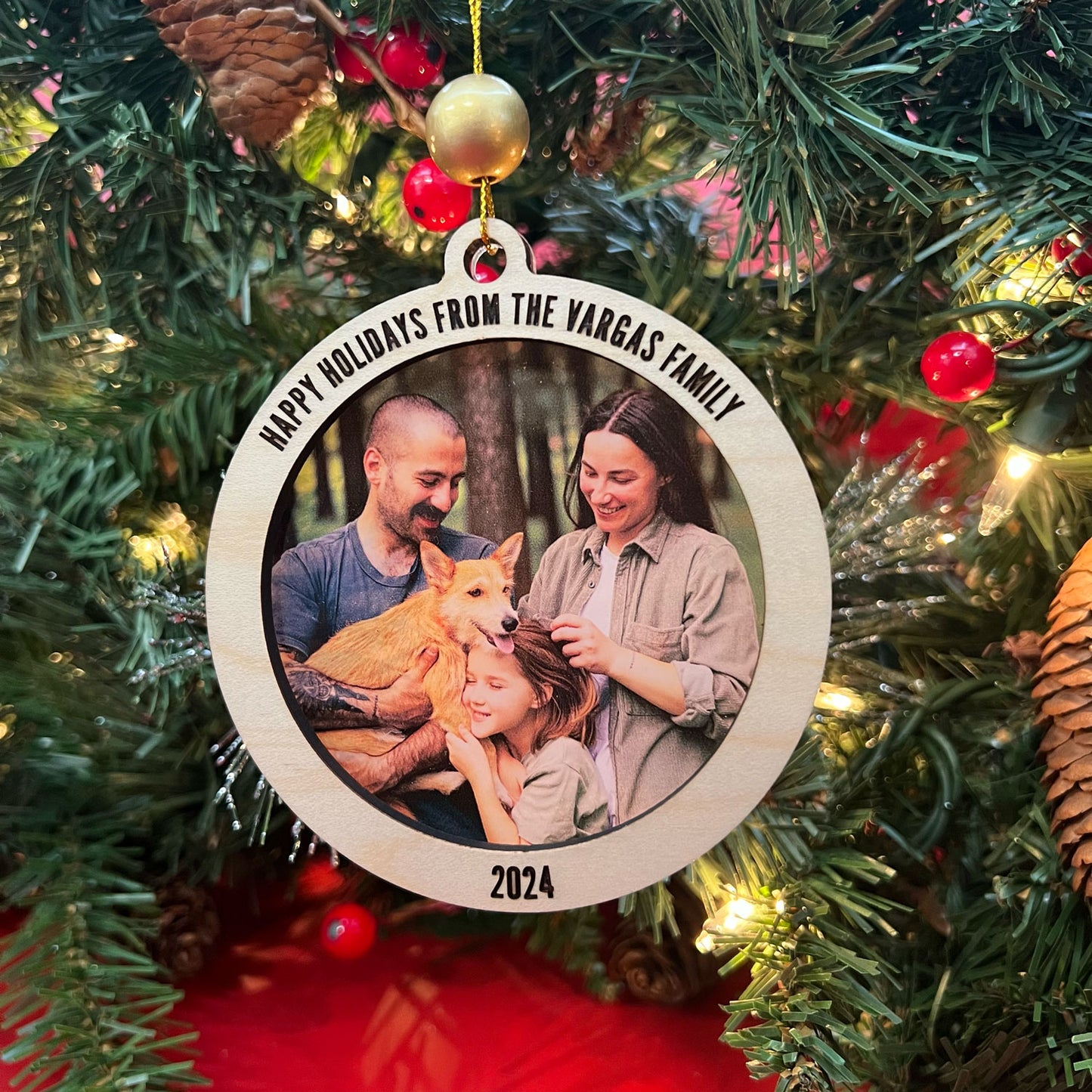 Round Personalized Acrylic Photo Ornaments with Engraved Wood Frame