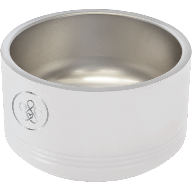 Small white laser engraved Pet bowl featuring the Pawfect Match logo