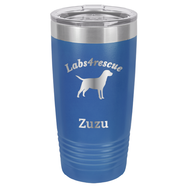 Royal blue laser engraved 20 oz tumbler featuring the Labs4rescue logo and the name Zuzu. 