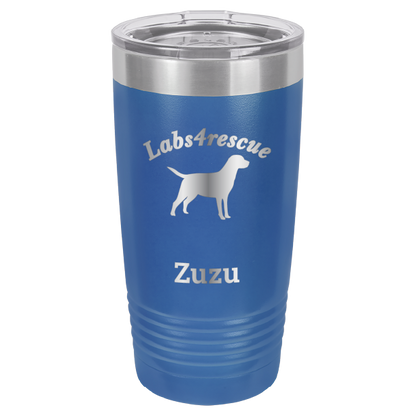 Royal blue laser engraved 20 oz tumbler featuring the Labs4rescue logo and the name Zuzu. 