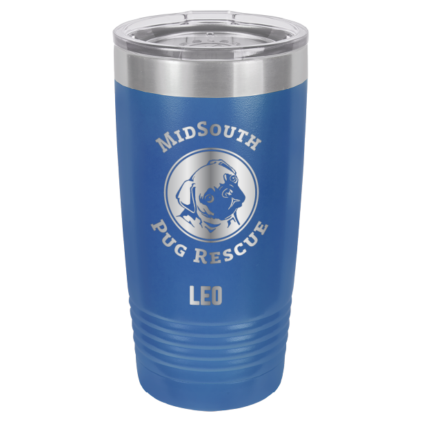Royal blue laser engraved 20 oz tumbler featuring the MidSouth Pug Rescue logo and the name Leo.