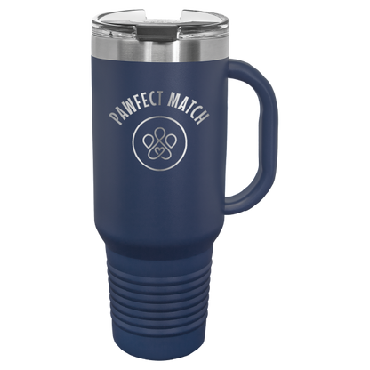 Navy blue 40 oz laser engraved tumbler featuring the Pawfect Match logo