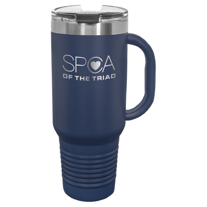 Navy blue 40 oz  laser engraved tumbler with the SPCA of the Triad logo.
