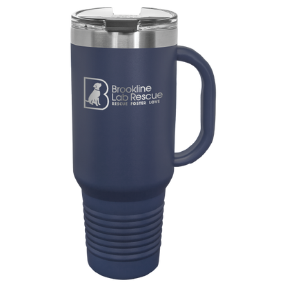 Navy blue laser engraved 40 oz tumbler with handle featuring the Brookline Lab Rescue logo