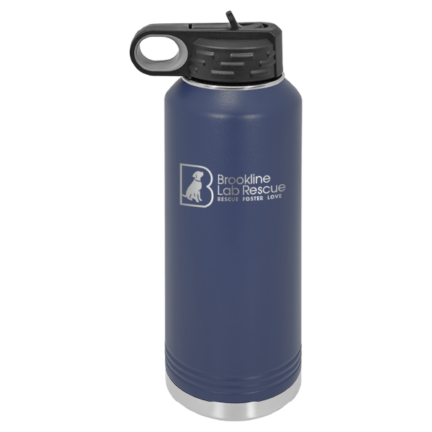 Navy blue laser engraved 40 oz water bottle featuring the Brookline Lab Rescue logo