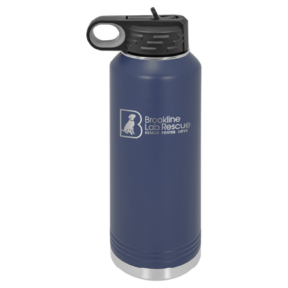 Navy blue laser engraved 40 oz water bottle featuring the Brookline Lab Rescue logo