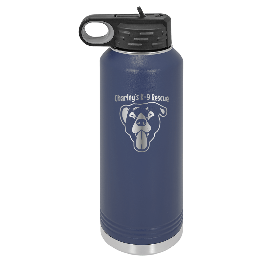 Navy blue 40 oz water bottle laser engraved  tumbler featuring the Charley's K9 Rescue logo