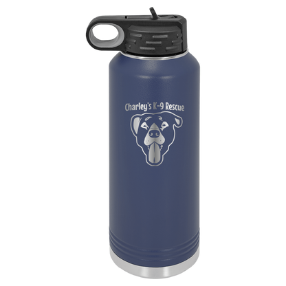 Navy blue 40 oz water bottle laser engraved  tumbler featuring the Charley's K9 Rescue logo