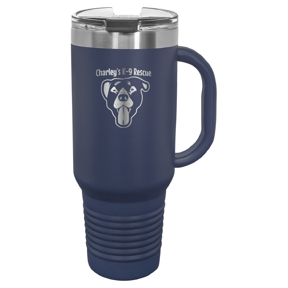 Navy Blue 40 oz tumbler with handle laser engraved  tumbler featuring the Charley's K9 Rescue logo