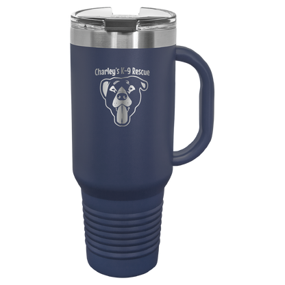 Navy Blue 40 oz tumbler with handle laser engraved  tumbler featuring the Charley's K9 Rescue logo