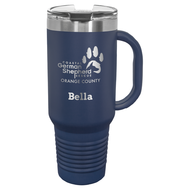 40 tumbler, laser engraved with the Coastal German Shepherd Rescue of OC logo, in navy blue