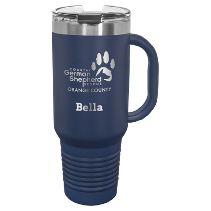 40 tumbler, laser engraved with the Coastal German Shepherd Rescue of OC logo, in navy blue