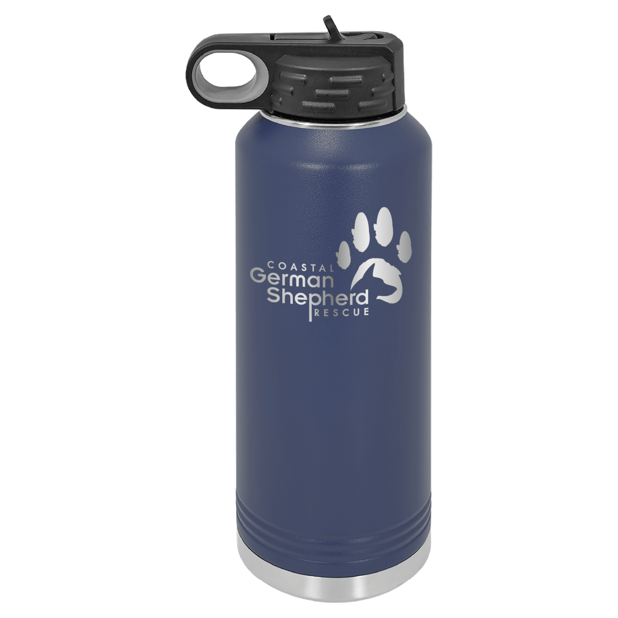 Navy blue 40 ounce laser engraved water bottle, featuring the with the Coastal German Shpherd Rescue of Orange County logo