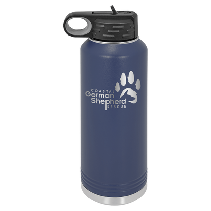 Navy blue 40 ounce laser engraved water bottle, featuring the with the Coastal German Shpherd Rescue of Orange County logo