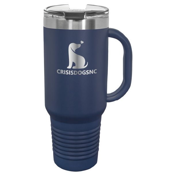 Navy blue laser engraved 40 oz travel mug featuring the Crisis Dogs NC logo.