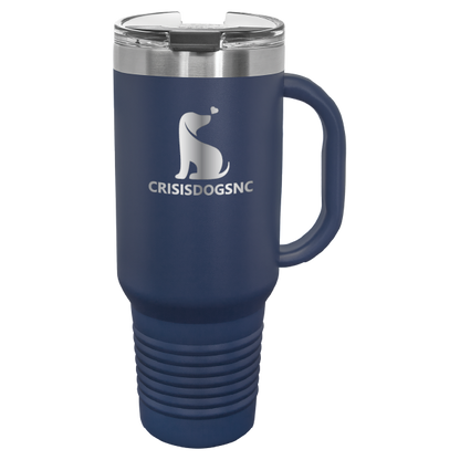 Navy blue laser engraved 40 oz travel mug featuring the Crisis Dogs NC logo.