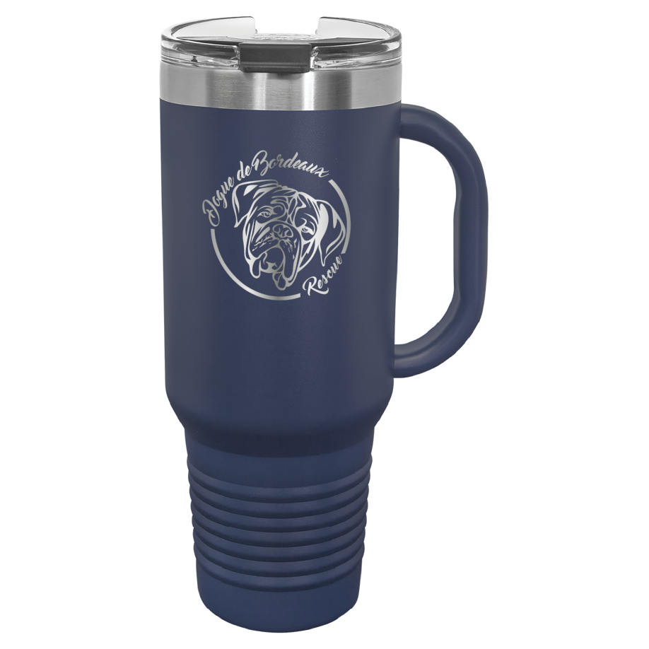 Navy blue 40 oz laser engraved water bottle featuring the Dogue de Bordeaux Rescue, Inc. logo