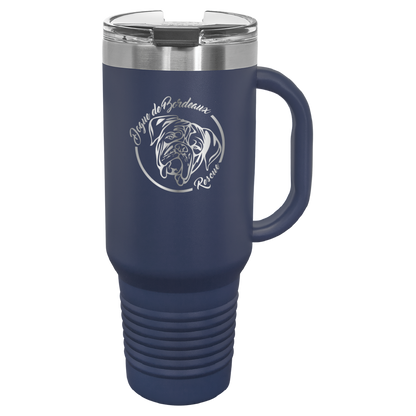 Navy blue 40 oz laser engraved water bottle featuring the Dogue de Bordeaux Rescue, Inc. logo