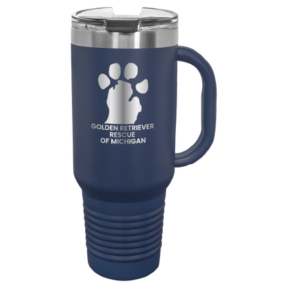 Navy Blue 40 Oz laser engraved tumbler featuring the  Golden Retriever Rescue of Michigan (GRRoM) logo