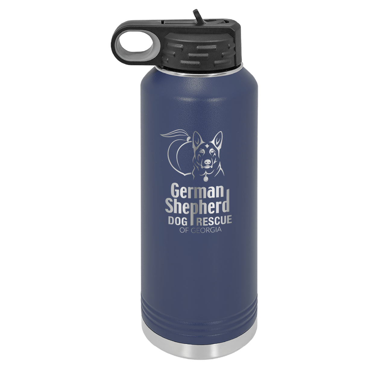 40 Oz Laser engraved water bottle featuring the German Shepherd Dog Rescue of Georgia, in navy blue