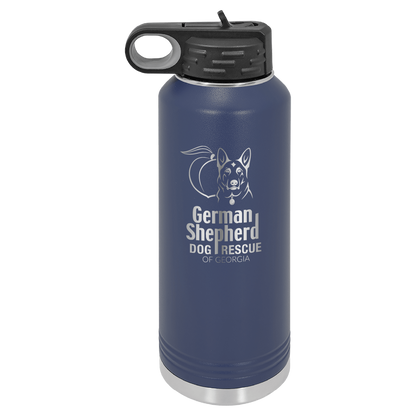 40 Oz Laser engraved water bottle featuring the German Shepherd Dog Rescue of Georgia, in navy blue