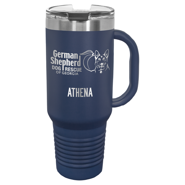 40 Oz travel tumbler, laser engraved with the logo of German Shepherd Dog Rescue of Georgia, in navy blue