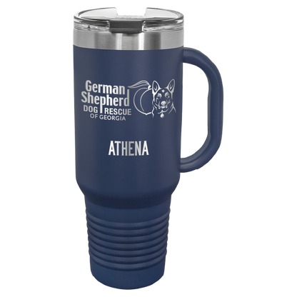 40 Oz travel tumbler, laser engraved with the logo of German Shepherd Dog Rescue of Georgia, in navy blue