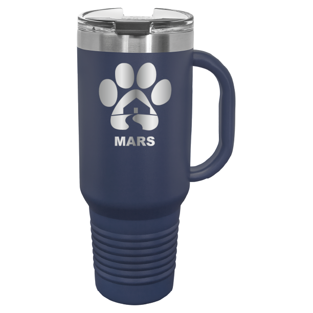 Navy blue 40 ounce laser engraved travel mug with handle, featuring the with the Midwest Animal Rescue & Services (MARS) logo