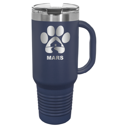 Navy blue 40 ounce laser engraved travel mug with handle, featuring the with the Midwest Animal Rescue & Services (MARS) logo