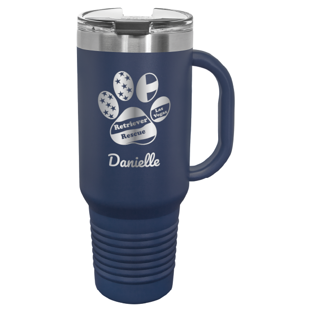 Navy Blue laser engraved tumbler with handle, featuring the logo of Retriever Rescue of Las Vegas
