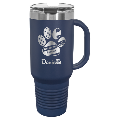 Navy Blue laser engraved tumbler with handle, featuring the logo of Retriever Rescue of Las Vegas