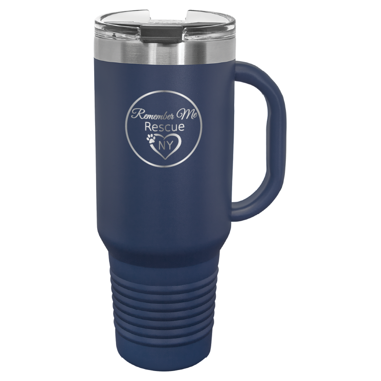 Navy Blue 40 oz laser engraved tumbler featuring the Remember Me Rescue NY logo.