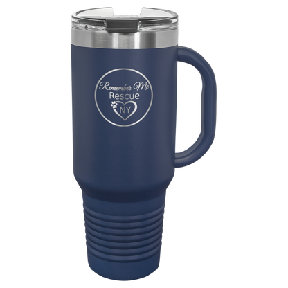 Navy Blue 40 oz laser engraved tumbler featuring the Remember Me Rescue NY logo.