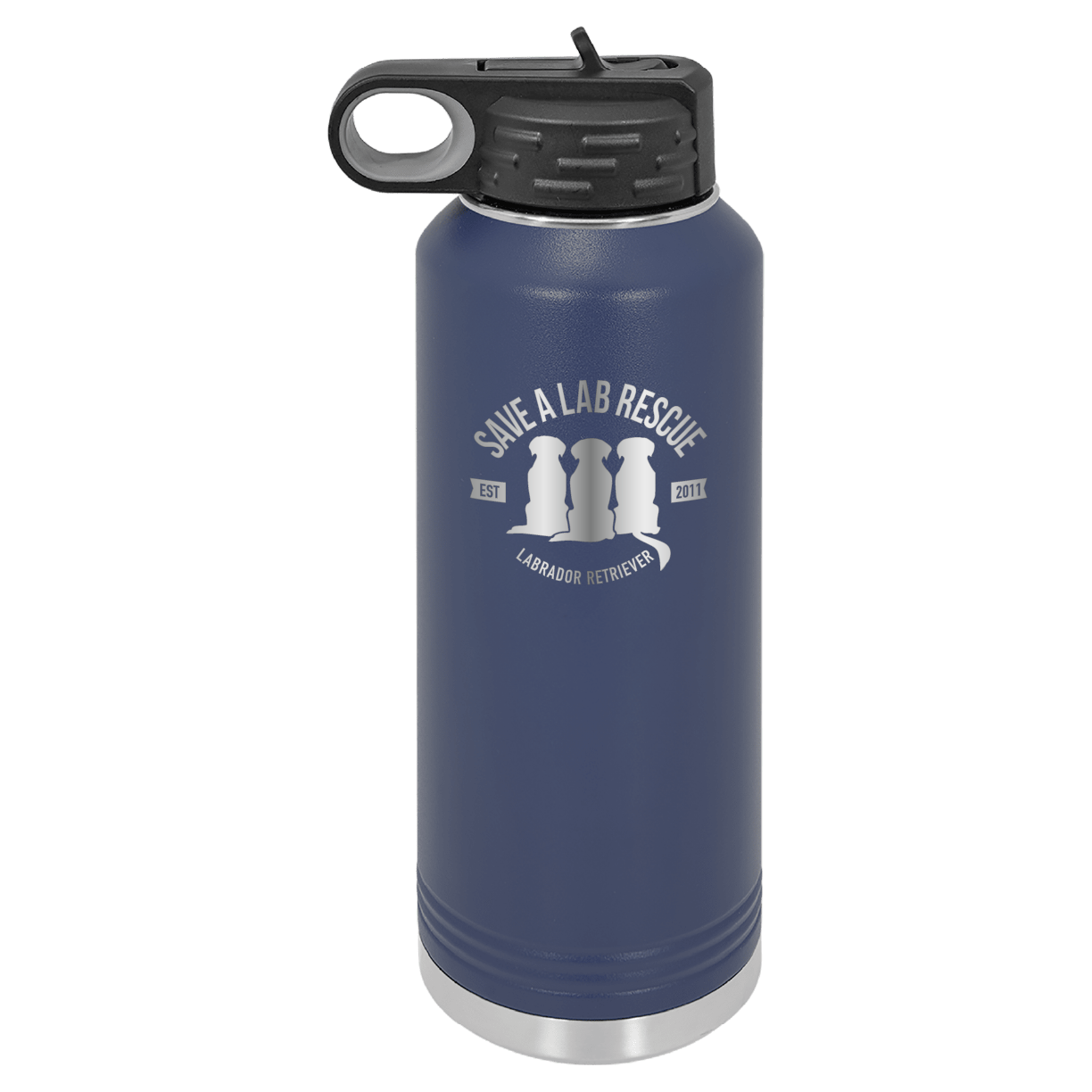 Navy Blue 40 Oz Laser engraved water bottle featuring the Save A Lab logo.