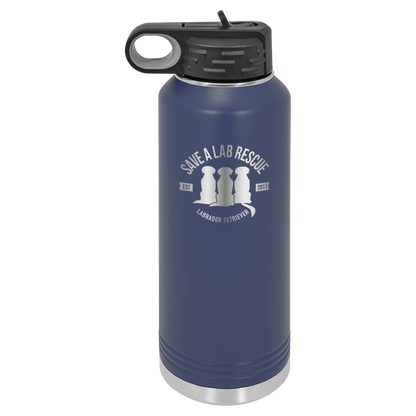 Navy Blue 40 Oz Laser engraved water bottle featuring the Save A Lab logo.