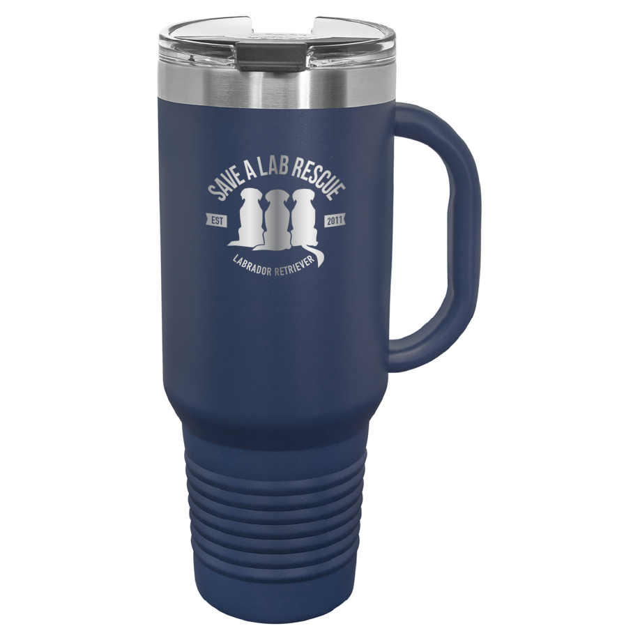 40 Oz Save A Lab Rescue Laser engraved printed tumbler.  Perfect gift for rescue moms and dads and pet parents. In navy blue.