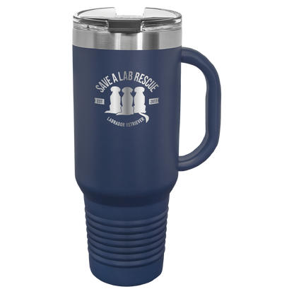 40 Oz Save A Lab Rescue Laser engraved printed tumbler.  Perfect gift for rescue moms and dads and pet parents. In navy blue.