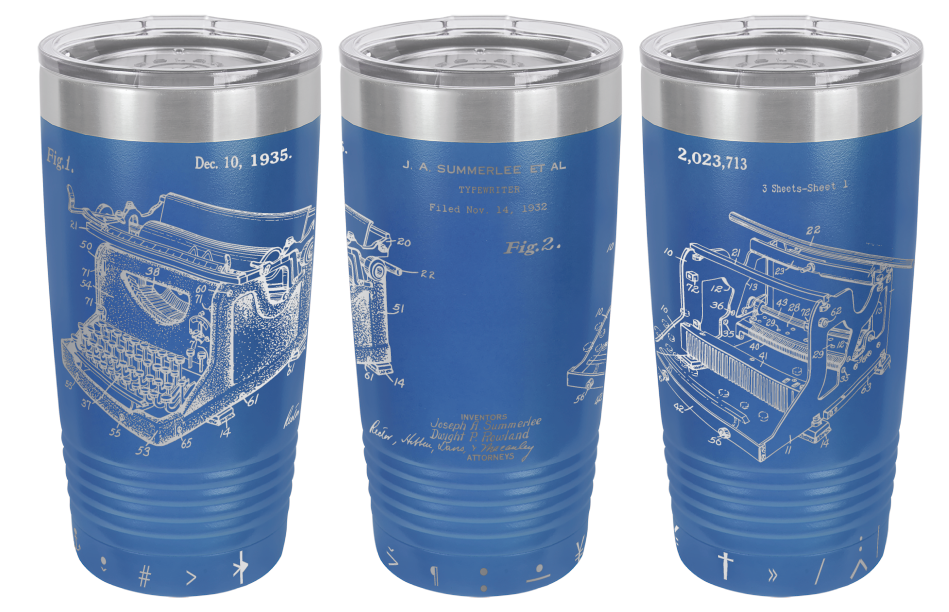 Vintage typewriter patent laser engraved on a royal blue stainless steel tumbler