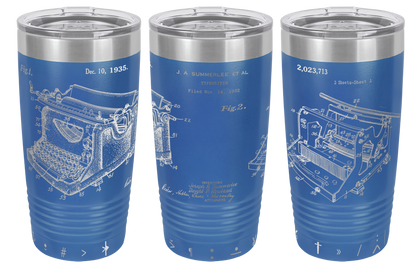 Vintage typewriter patent laser engraved on a royal blue stainless steel tumbler