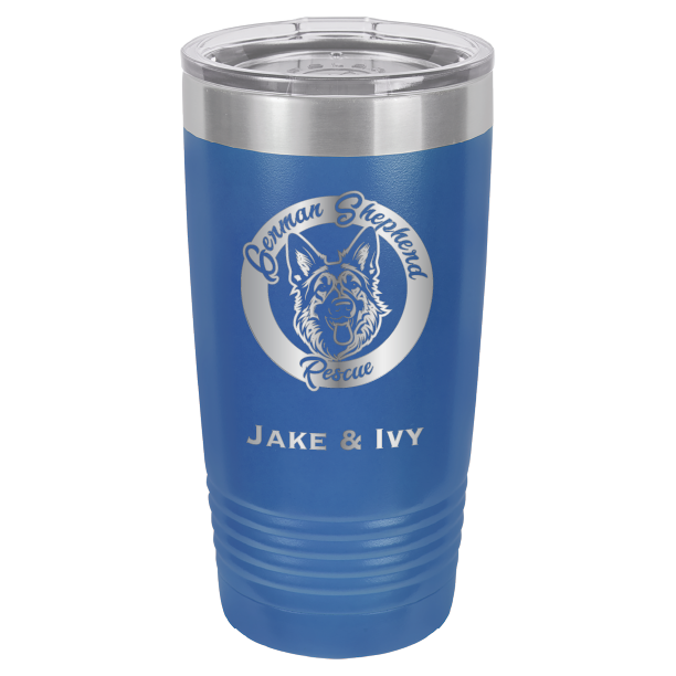 Laser Engraved royal blue 20 oz tumbler with German Shepherd Rescue and the names Jake and Ivy