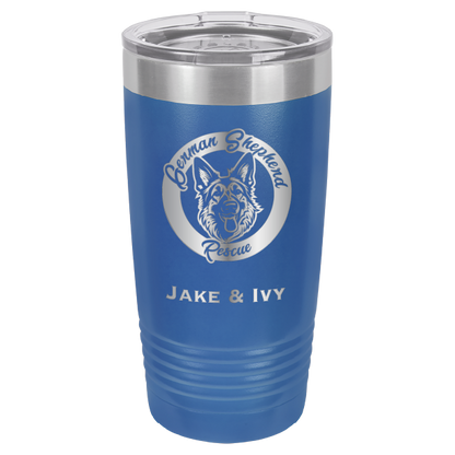 Laser Engraved royal blue 20 oz tumbler with German Shepherd Rescue and the names Jake and Ivy