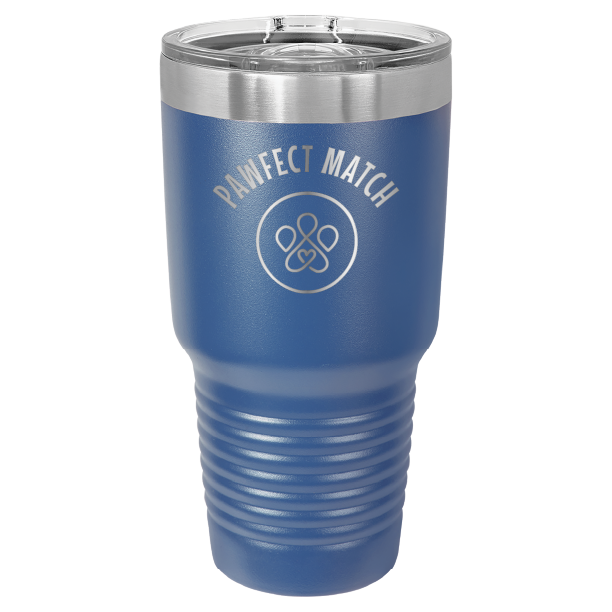 Royal blue 30 oz laser engraved tumbler featuring the Pawfect Match logo