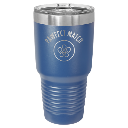 Royal blue 30 oz laser engraved tumbler featuring the Pawfect Match logo