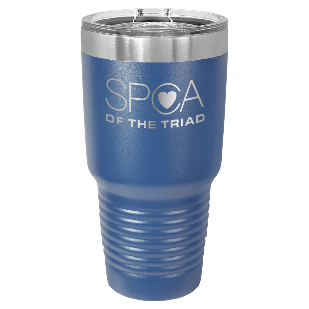 Royal Blue 30 oz laser engraved tumbler featuring the SPCA of the Triad logo.