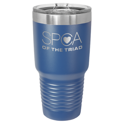 Royal Blue 30 oz laser engraved tumbler featuring the SPCA of the Triad logo.