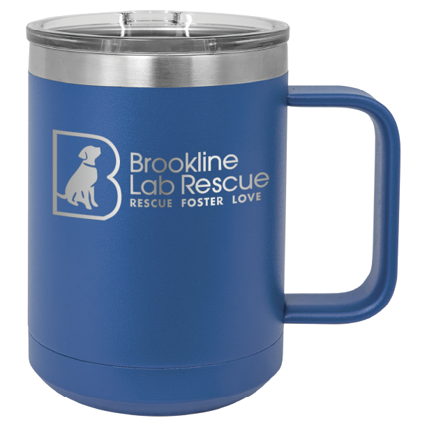 Royal blue laser engraved 15 of coffee cup featuring the Brookline Lab Rescue logo